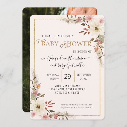 BOHOフローラ水色ベビーエレガントシャワー写真 招待状 (正面/裏面)