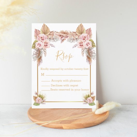 bohoフローラ熱帯金ゴールドスクリプ結婚トrsvp ポストカード