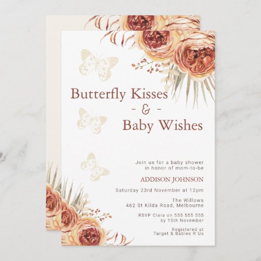 Bohoフローラ燃えたオレンジ色の蝶の赤ちゃんシャワー 招待状 (正面/裏面)