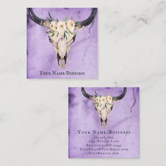 Bohoフローラ牛スカルの背景（紫） スクエア名刺 (正面/裏面)