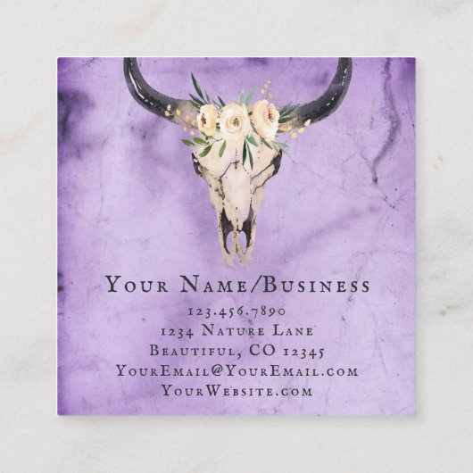 Bohoフローラ牛スカルの背景(紫) スクエア名刺 (裏面)