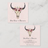 Bohoフローラ牛スカルオンピンクハート背景 スクエア名刺 (正面/裏面)
