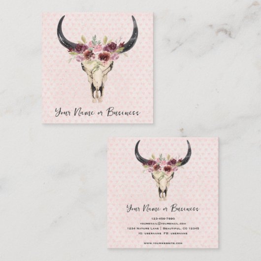 Bohoフローラ牛スカルオンピンクハート背景 スクエア名刺 (正面/裏面)