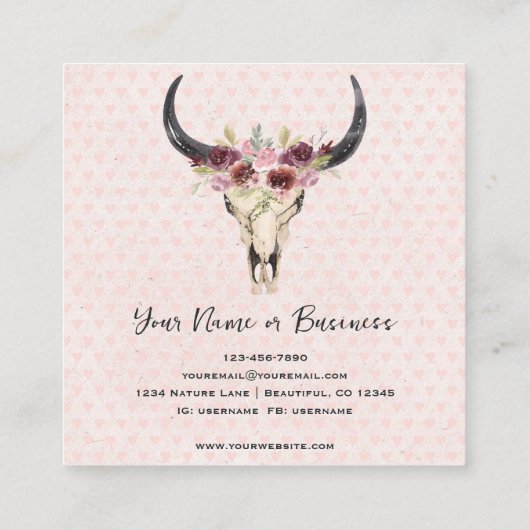 Bohoフローラ牛スカルオンピンクハート背景 スクエア名刺 (裏面)