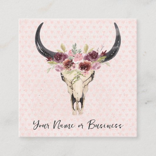 Bohoフローラ牛スカルオンピンクハート背景 スクエア名刺 (正面)