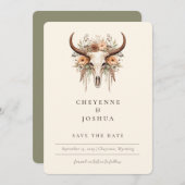 Bohoフローラ牛スカル西部QRcode日付を保存 招待状 (正面/裏面)