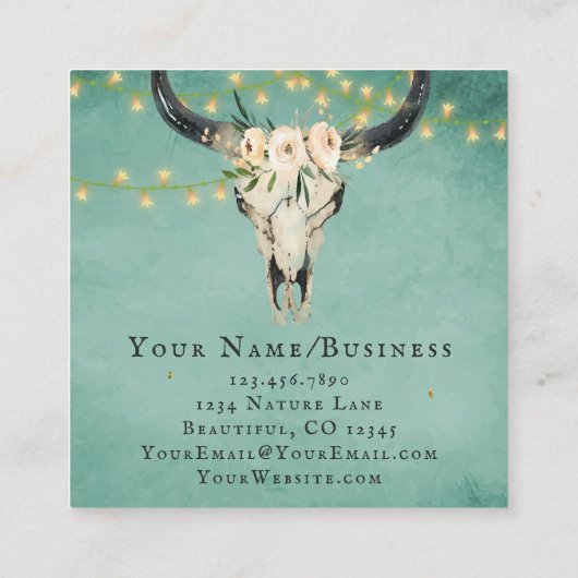 Bohoフローラ牛スカル、ストリングライトオンターコイズ スクエア名刺 (裏面)