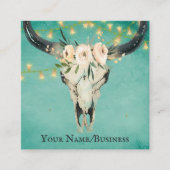 Bohoフローラ牛スカル、ストリングライトオンターコイズ スクエア名刺 (正面)