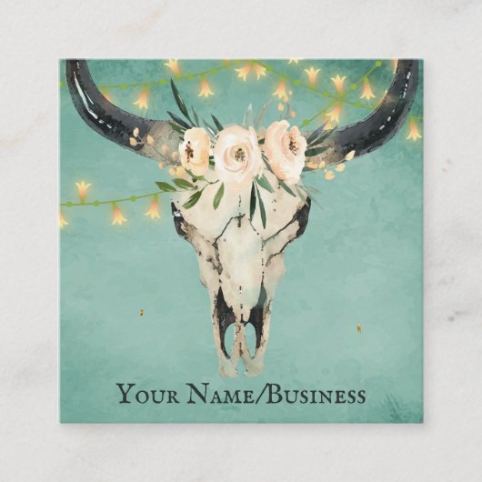 Bohoフローラ牛スカル、ストリングライトオンターコイズ スクエア名刺 (正面)