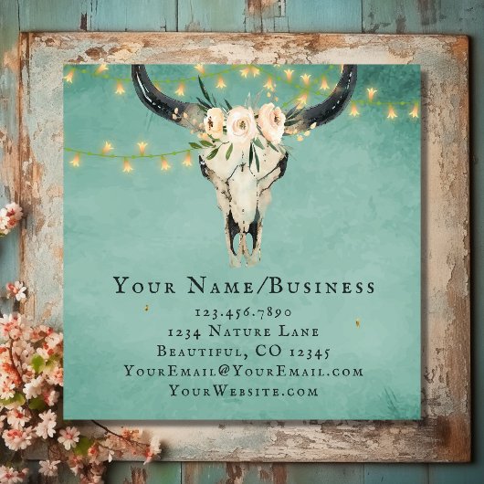 Bohoフローラ牛スカル、ストリングライトオンターコイズ スクエア名刺