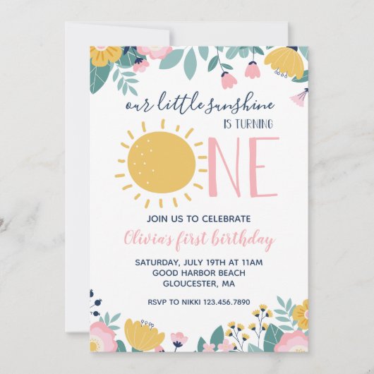 Bohoフローラ私たちの小さな太陽の光1st誕生日の招待 招待状 (正面)