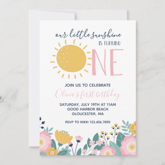 Bohoフローラ私たちの小さな太陽の光1st誕生日 招待状 (正面)
