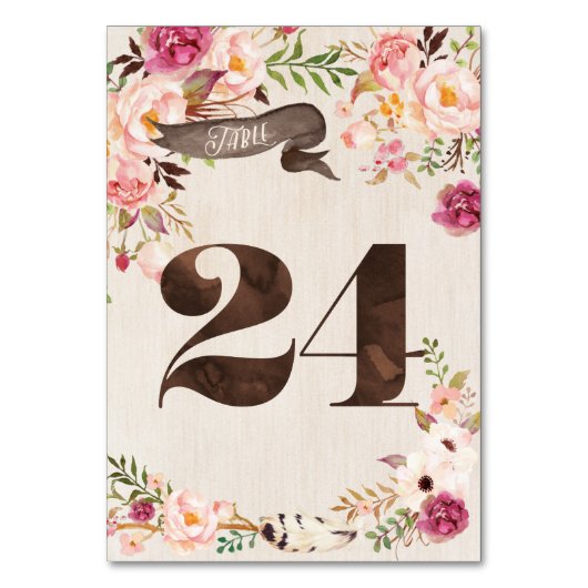 Bohoフローラ素朴のテー結婚ブル番号カード24 テーブルナンバー (正面)