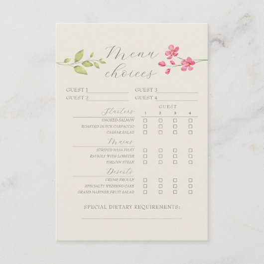 Bohoフローラ結婚のメニュー選択カード エンクロージャーカード (正面)