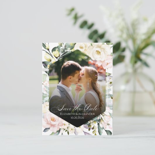 Bohoフローラ結婚の写真QRコード日付を保存 ポストカード (スタンド正面)