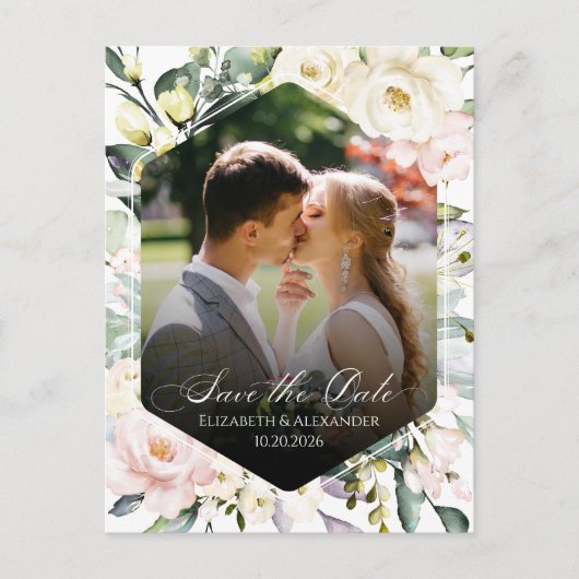 Bohoフローラ結婚の写真QRコード日付を保存 ポストカード (正面)