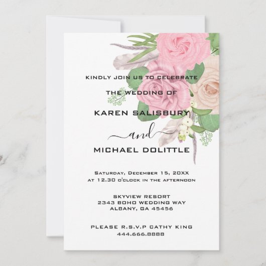 Bohoフローラ結婚式の招待 – 編集可能テンプレート 招待状 (正面)