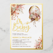 Bohoフローラ自然バルーンガールベビーシャワー金ゴールド 箔招待状 (正面)