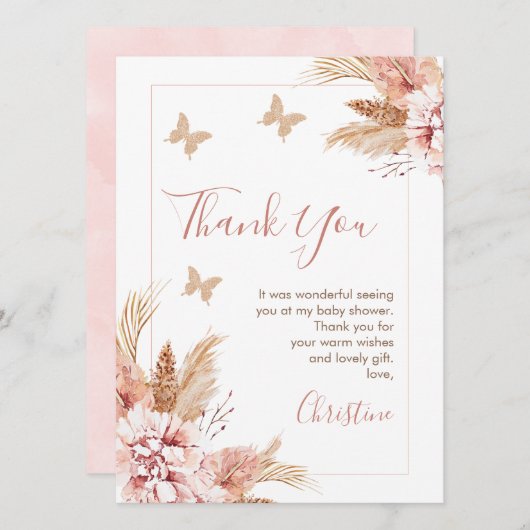 Bohoフローラ蝶キス赤ちゃんシャワーありがとう 招待状 (正面/裏面)