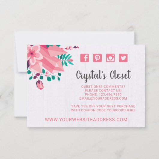 Bohoフローラ衣料品ハンガーブティックサンキュー サンキューカード (裏面)