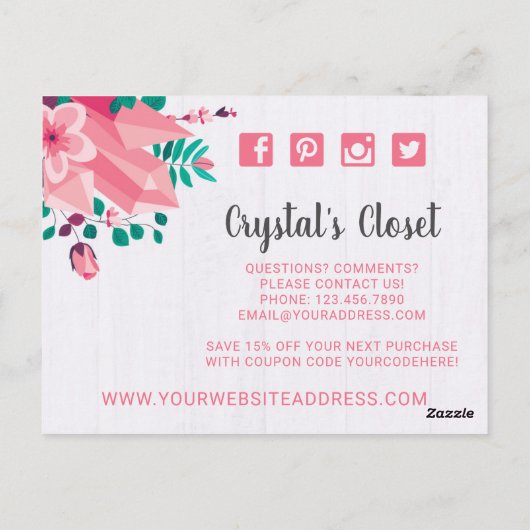 Bohoフローラ衣料品ハンガーブティックサンキュー ポストカード (裏面)