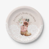 Bohoフローラ西ピンク女性のカーボーイブーツ赤ちゃんシャワー ペーパープレート (正面)