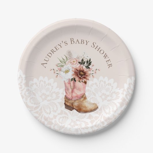 Bohoフローラ西ピンク女性のカーボーイブーツ赤ちゃんシャワー ペーパープレート (正面)