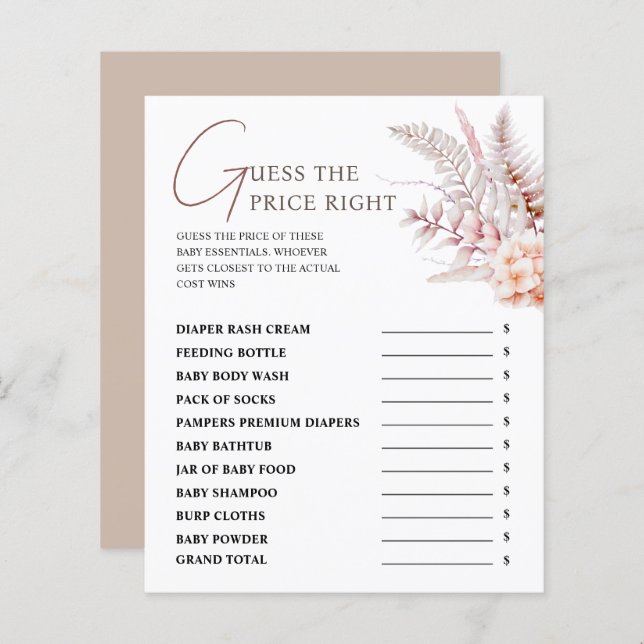 Bohoフローラ赤ちゃんシャワー価格を推測する右ゲーム (正面/裏面)