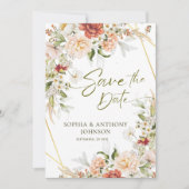 Bohoフローラ金ゴールドの幾何学的結婚な葉 セーブザデート (正面)