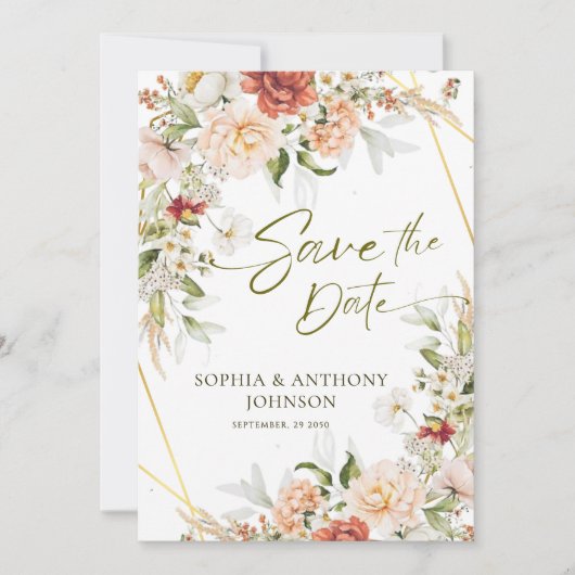 Bohoフローラ金ゴールドの幾何学的結婚な葉 セーブザデート (正面)