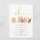 Bohoフローラ金ゴールド単語テディベア赤ちゃんシャワー 招待状 (正面/裏面)