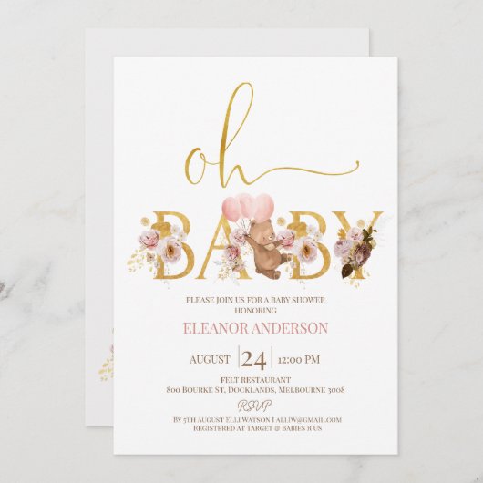 Bohoフローラ金ゴールド単語テディベア赤ちゃんシャワー 招待状 (正面/裏面)