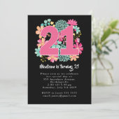 Bohoフローラ21歳の誕生日フォトカード招待状 招待状 (スタンド正面)