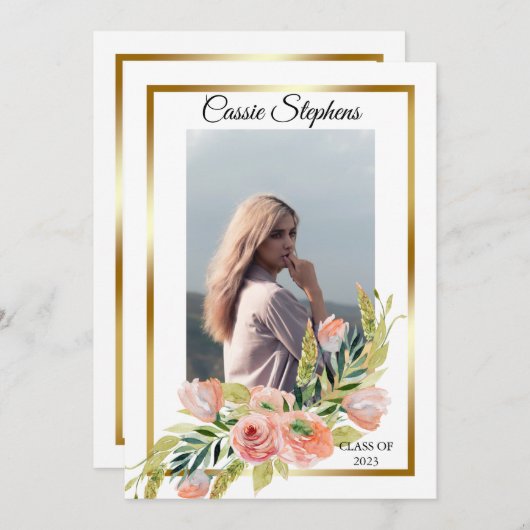 Bohoフローラ4フォトコラージュ金ゴールドフレーム卒業 案内状 (正面/裏面)