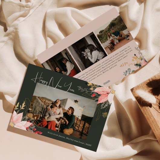 Bohoフローラ4枚フォトハッピーニューイヤーホリデーカード シーズンカード