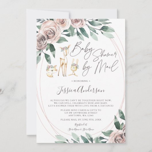Bohoフローラ·ウッドランド動物の赤ちゃんシャワーを郵送 招待状 (正面)
