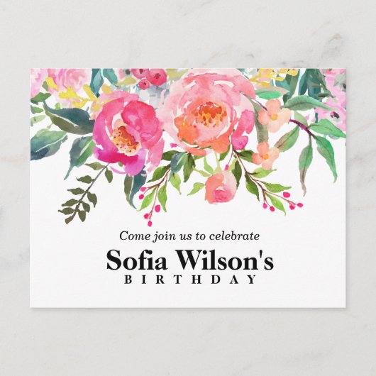 Bohoフローラ、花誕生日はがきの招待 インビテーションポストカード (正面)