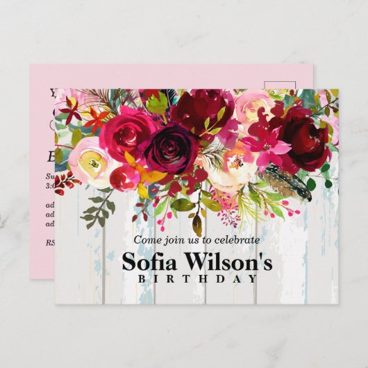 bohoフローラ、花誕生日はがき招待状 インビテーションポストカード (正面/裏面)