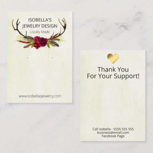 Bohoフローラ〔雄ジカの〕枝角オンベージュイヤリング絵を描ディスプレイ 名刺 (正面/裏面)