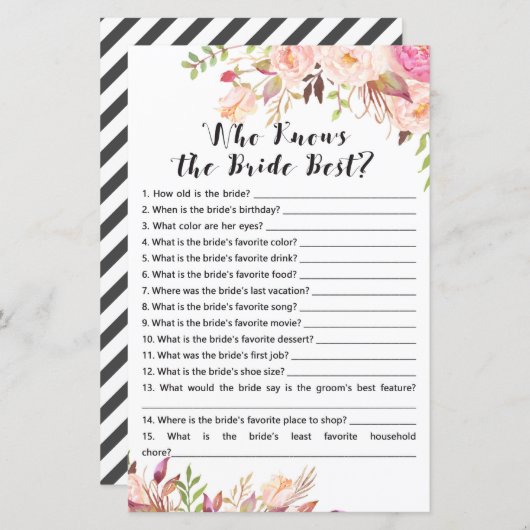 Bohoブライダルシャワーゲーム – 誰が花嫁を知っ最高のている (正面/裏面)