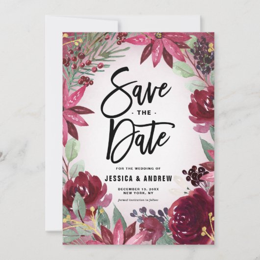 Bohoブルゴーニュ冬のフローラフレーム冬 セーブザデート (正面)