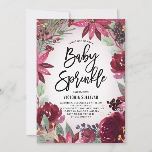 Bohoブルゴーニュ冬フローラ赤ちゃんシャワー散水 招待状 (正面)