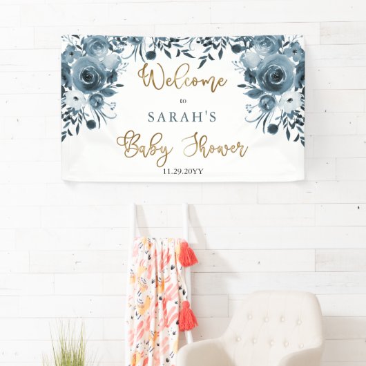Bohoブルーウォーター色フローラベビーシャワーへようこそ 横断幕 (インサイチュ)