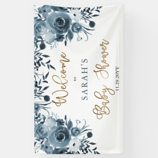 Bohoブルーウォーター色フローラベビーシャワーへようこそ 横断幕 (縦)