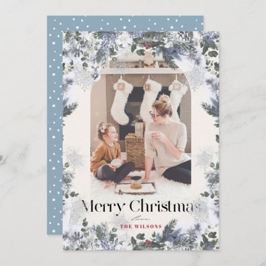 Bohoブルーボタニカルアーチ4写真クリスマス シーズンカード (正面/裏面)