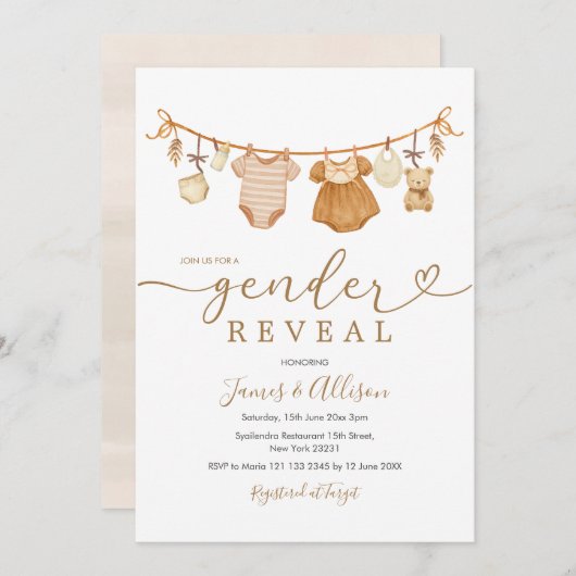 Bohoベア素朴ベビー物干しジェンダーの表示 招待状 (正面/裏面)