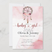 BOHOベビーガールピンクドリームキャッチャー水彩洗剤 招待状 (正面)