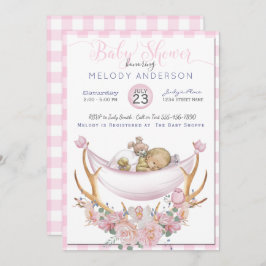 BOHOベビーシャワーピンクハンモック〔雄ジカの〕枝角フローラ 招待状