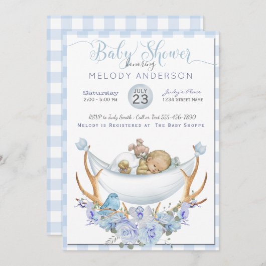 BOHOベビーシャワーボーイズベビー 招待状 (正面/裏面)