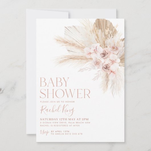 Bohoベビーシャワー招待状フラワーピンク中立 招待状 (正面)
